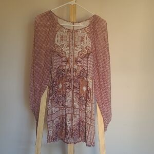 Free People Geometric Patterned Top Dress Tunic Flowy Boho Balloon Sleeve EUC
